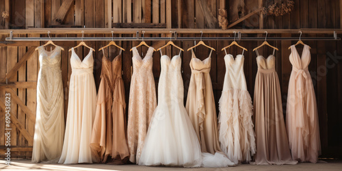 Elegant wedding dresses set against the backdrop of a charming, weathered barn in the countryside