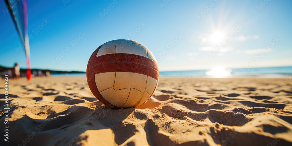 Sunlit volleyball ready for play on sandy beach grounds, with a net in the backdrop