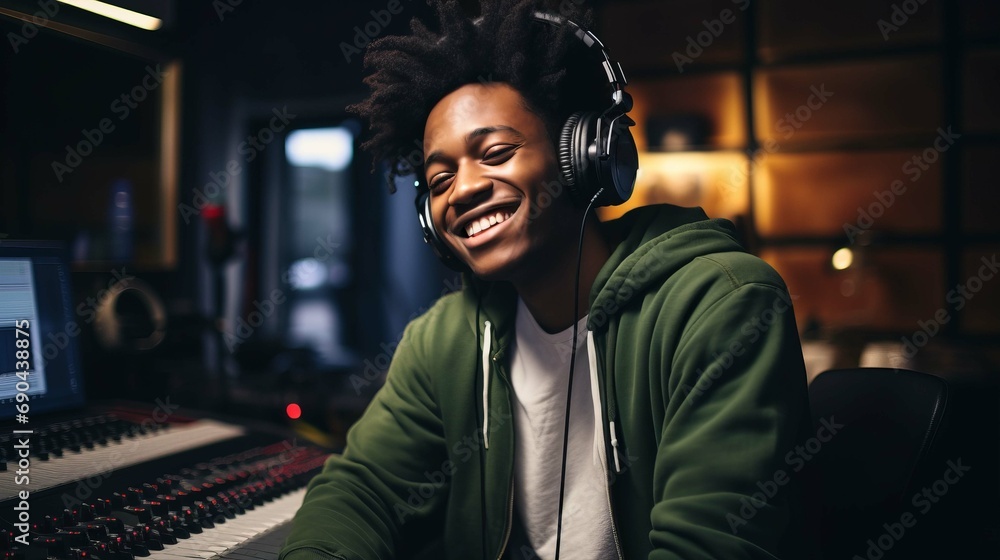 Portrait of a smiling dark-skinned man in a music studio Portrait of a smiling dark-skinned man in a music studio