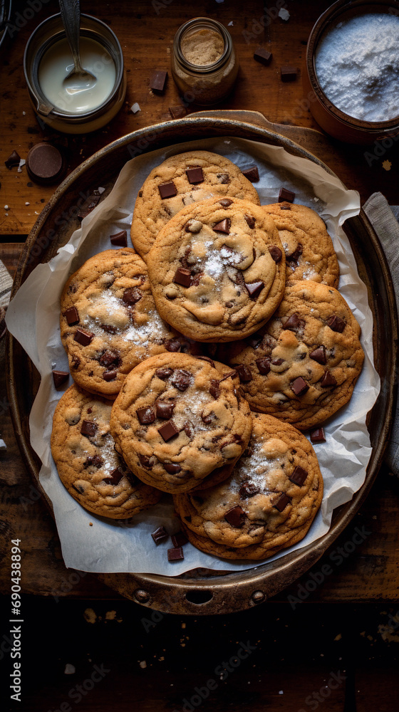 tray of freshly baked chocolate chip cookies on a rustic wooden table
