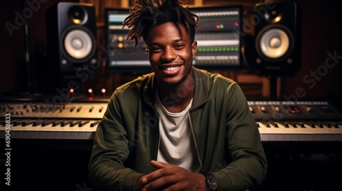 Portrait of a smiling dark-skinned man in a music studio © ColdFire