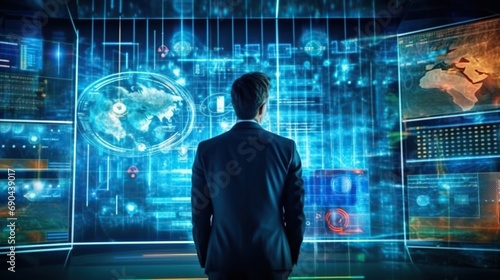 Man standing in front of futuristic virtual interface and planning 