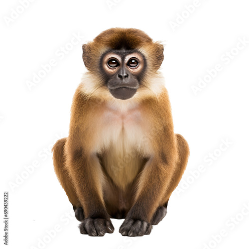 Brown monkey sitting isolated on white, transparent cutout