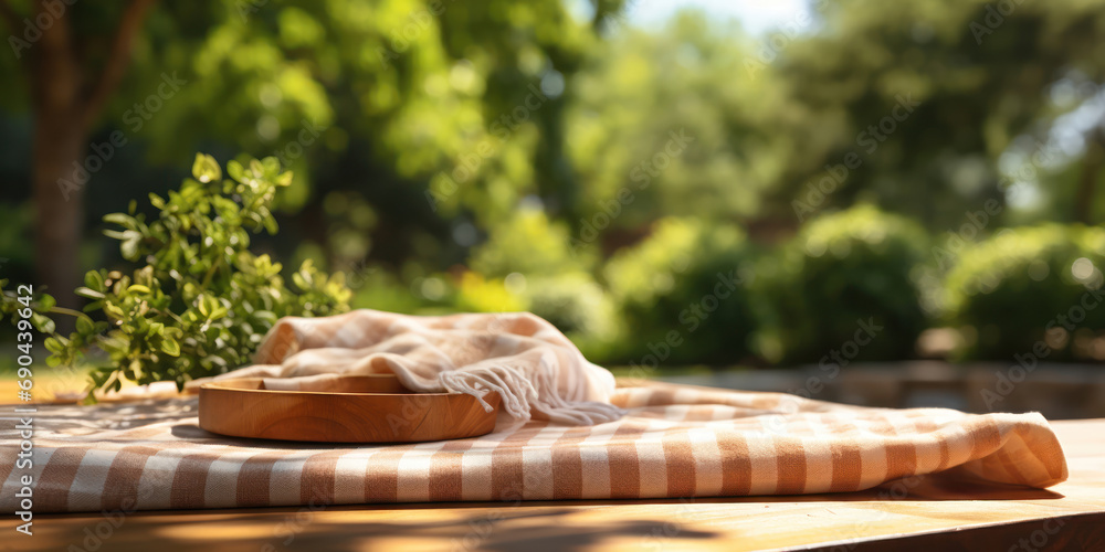 An empty wooden tray on a classic checkered tablecloth, inviting a picnic under the trees - obrazy, fototapety, plakaty 