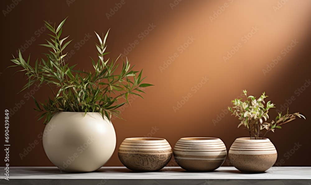 Fototapeta premium Cozy table with four pots and green plants