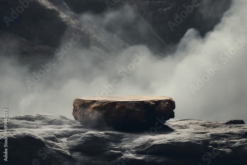Rock Top for a Product Display, Showing Middle Close Focus to the Stone Surface on an Artistic Cloudy Foreground and Background with a Bokeh Balls Sky.generative ai. photo