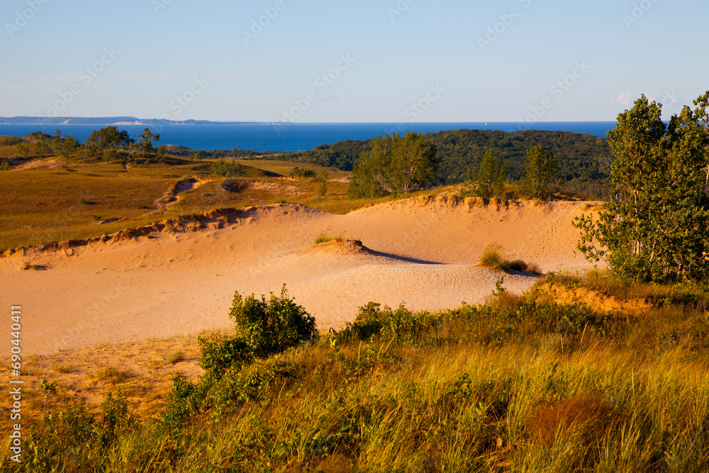 Golden Hour over Tranquil Sand Dunes in Empire, Michigan