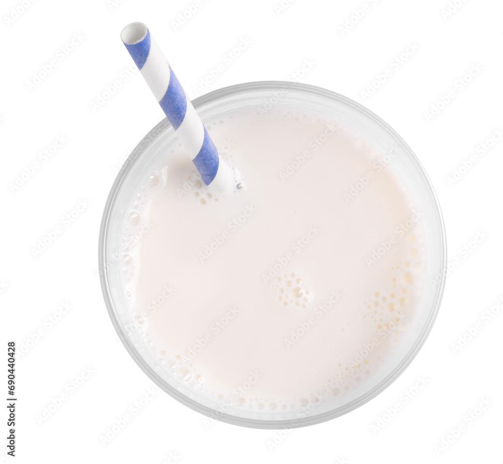 Glass of fresh milk with straw isolated on white, top view Glass of fresh milk with straw isolated on white, top view