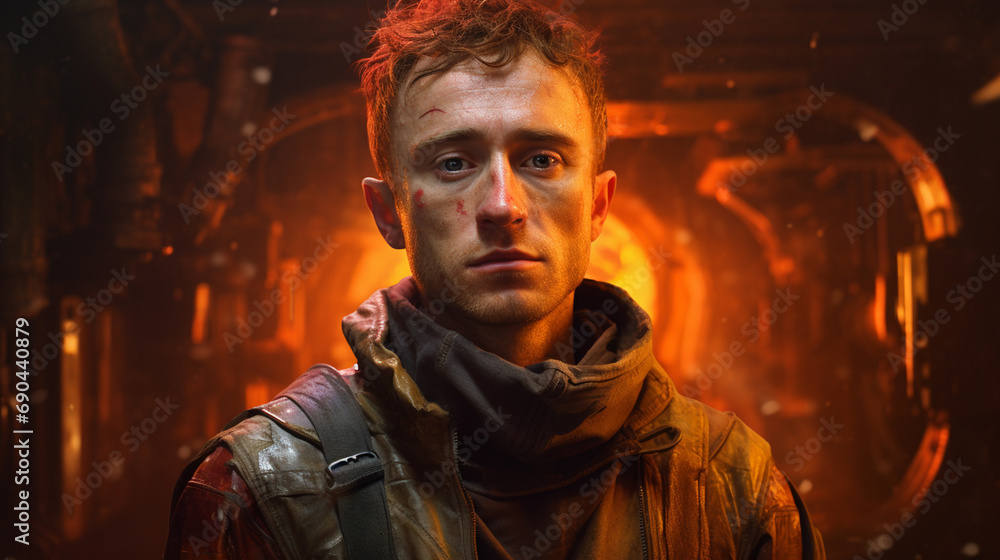 Portrait of a man with blood on his face in the fire Portrait of a man with blood on his face in the fire