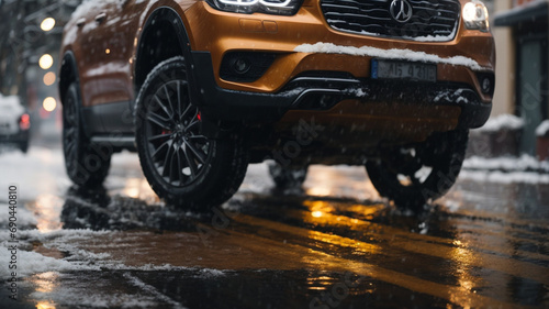 car in the city, close-up of snow-covered tires on a snowy street in winter