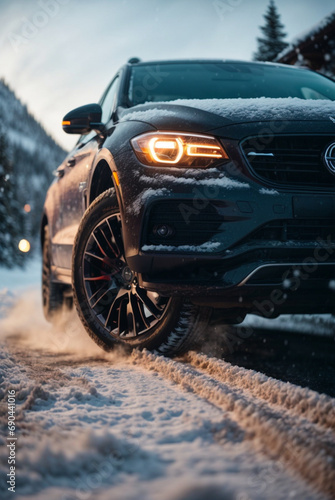 Winter tires on snowy roads. Tire on snow in winter. SUV car on snowy road. Tires on snowy road detail. close view. The concept of a family trip to a ski resort.
 photo