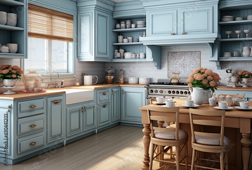 Vintage-Style Kitchen with Light Blue Cabinetry and Wooden Flooring