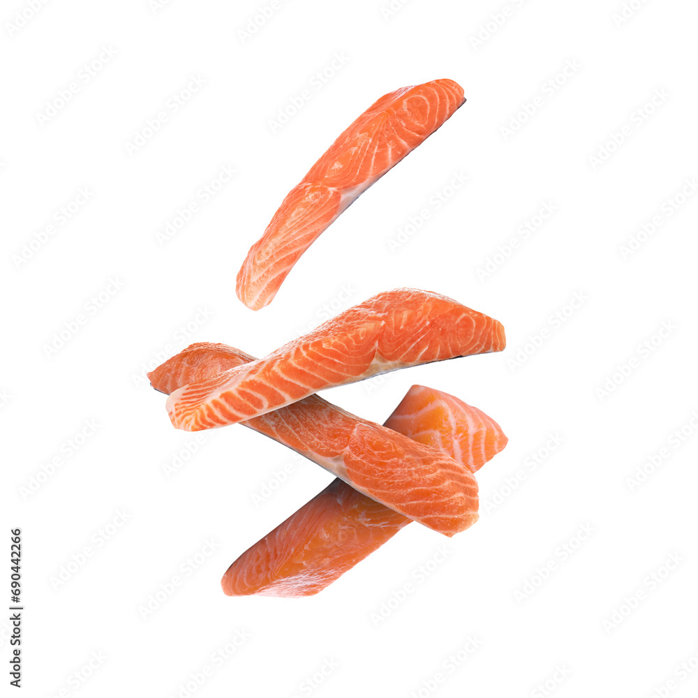 Fresh salmon pieces falling on white background Fresh salmon pieces falling on white background