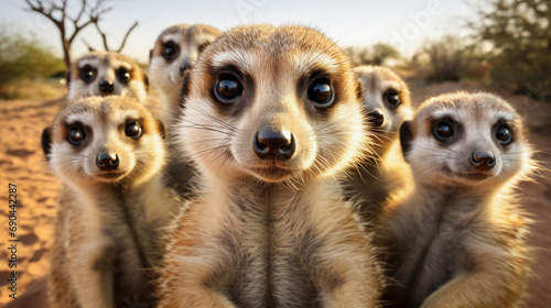 A playful group of curious meerkats standing up to look at the viewer. Meerkats live in Southern Africa's plains and grasslands. © Daniel L