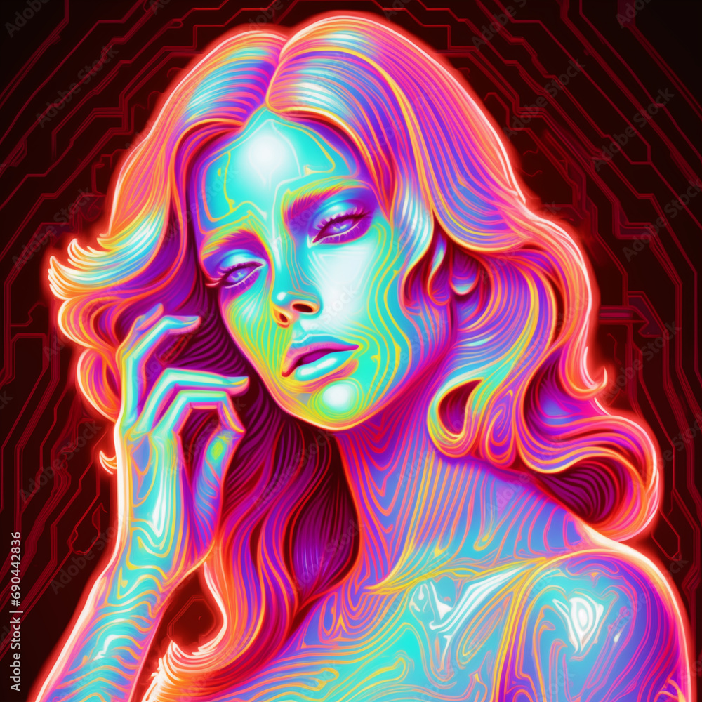 Neon portrait of beautiful girl with long hair. Vector illustration.