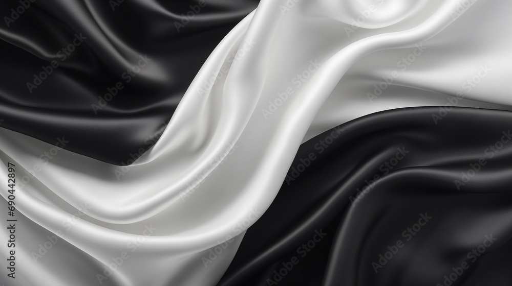 Black-white silk satin fabric abstract background.  Light shiny glitter shimmer shine. folded cloth appearance. luxury backdrop wallpaper concept