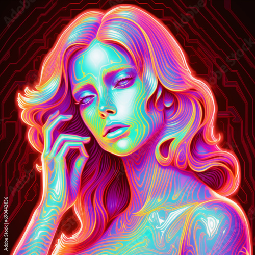 Neon portrait of beautiful girl with long hair. Vector illustration.