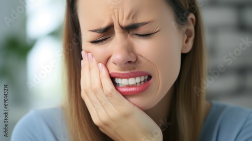 woman feel toothache from gingivitis, female suffer tooth, decay problems, dental care. sensitive tooth, decay problem, bad breath, Gingival Recession, Oral Hygiene instruction. photo