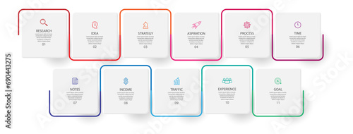 business infographic template. thin line design
with icons, text, number and 11 options or steps.
used for process diagrams, workflow layouts, flowcharts, infographics, 
and your presentations