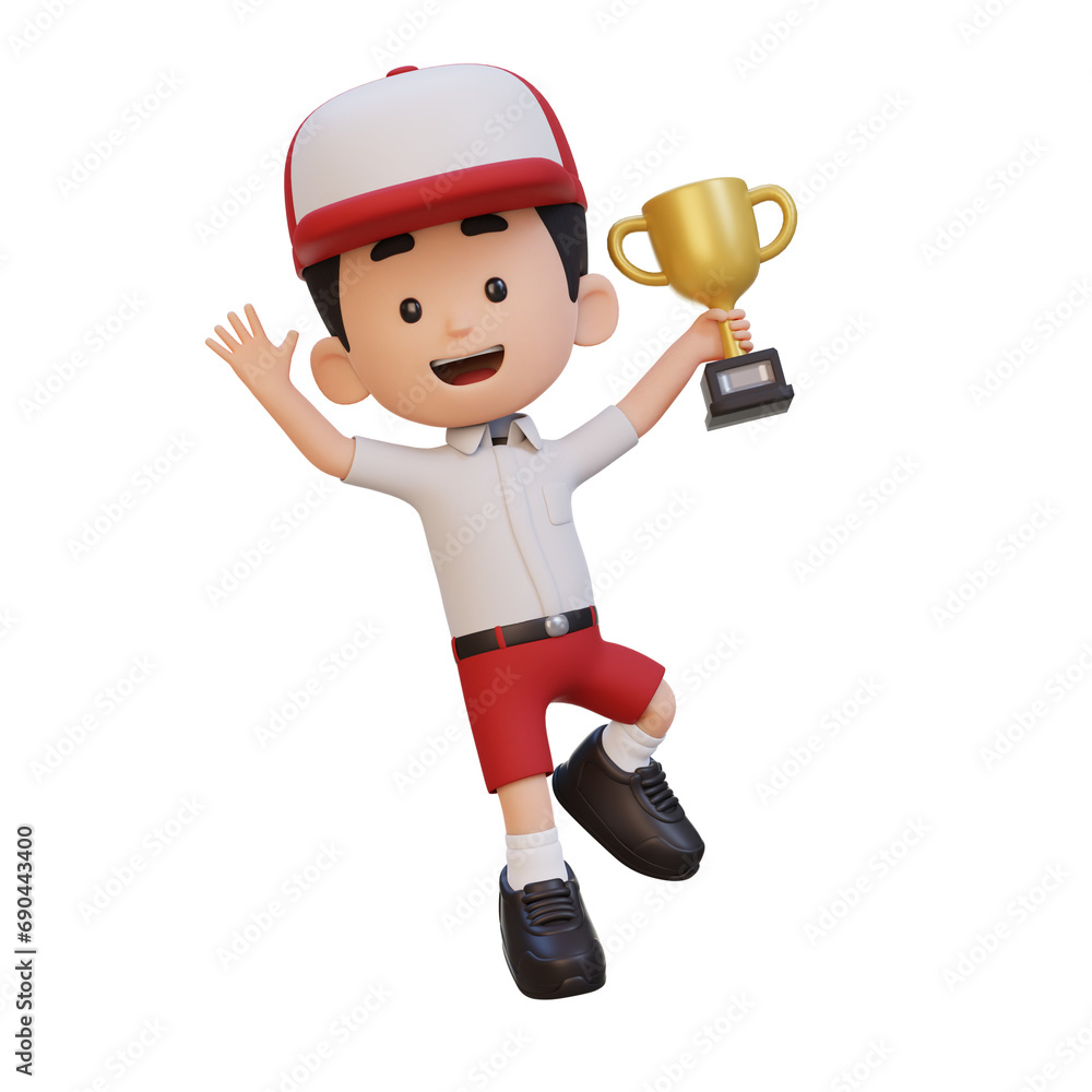 3D kid character celebrating win holding a trophy