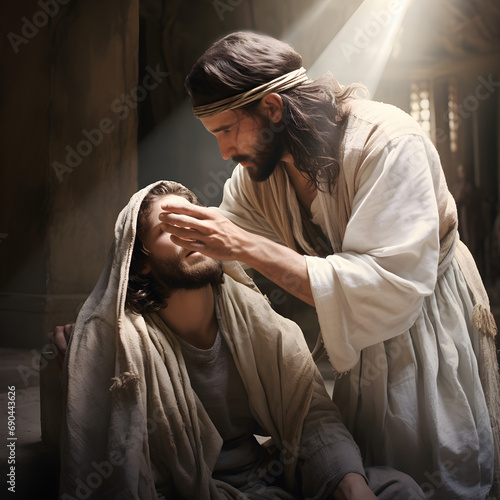 Jesus Christ healing a blind man. A Biblical miracle.  photo