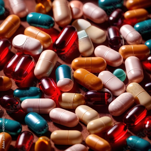 Pile of assorted pharmaceutical prescription pills with drugs, medicine, vitamins and supplements