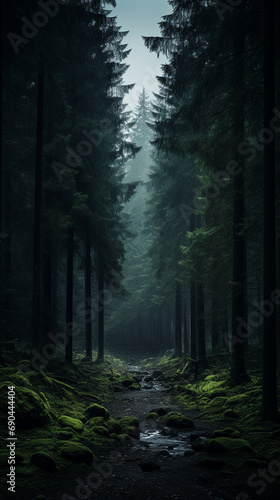 Mysterious dark forest with a stream flowing through it. 3d rendering