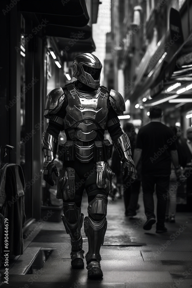 Cyborg man in black armor and helmet standing in the street.