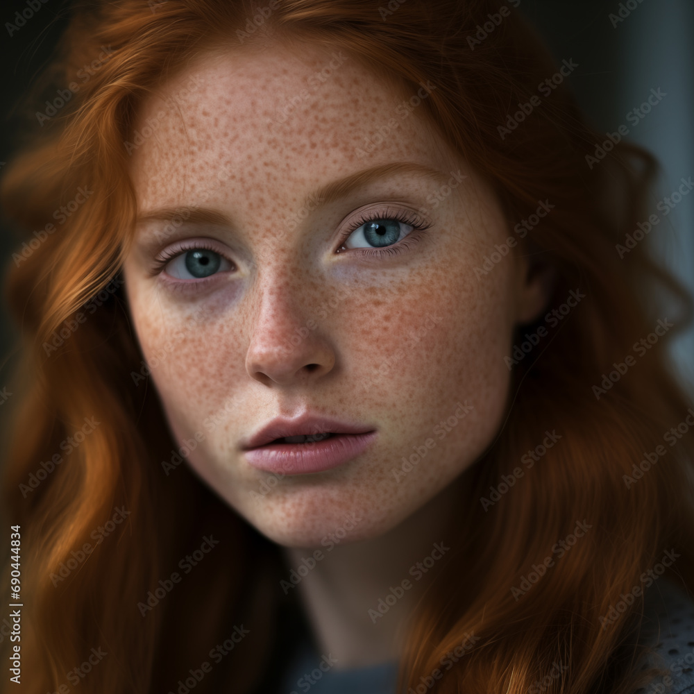 Redhead girl with freckles on her face looking at camera Redhead girl with freckles on her face looking at camera