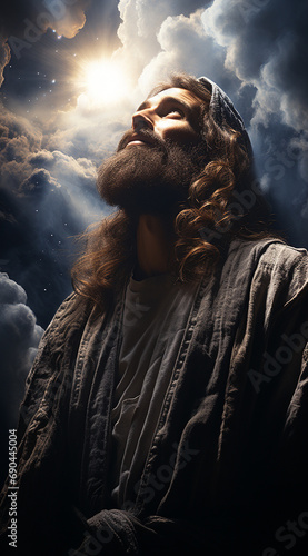 Portrait of Jesus Christ in the night sky with clouds and sun.