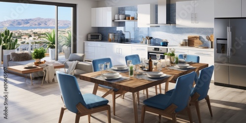 Dining Room with Blue Chairs and Ocean View Generative AI