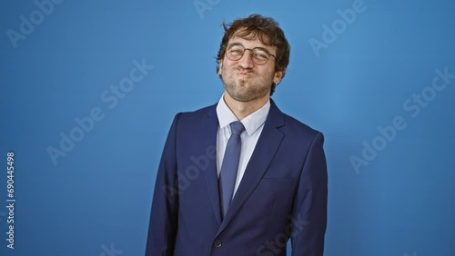 Blond bearded guy's amusing act, puffing cheeks, blowing air in mouth, crafting a crazy funny face. young handsome man rocking formal business suit. peppy expression on blue cutout background. photo