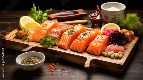 japanese sushi food. Maki ands rolls with tuna, salmon, shrimp, crab and avocado. Top view of assorted sushi. Rainbow sushi roll, uramaki, hosomaki and nigiri.