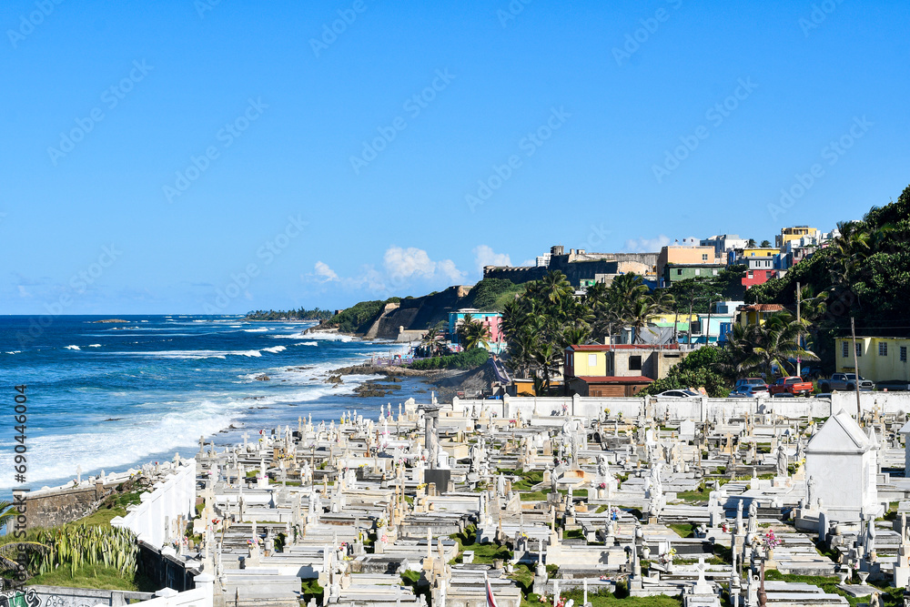 Tombstones at the historic, oceanfront, colonial-era Santa Maria Magdalena de Pazzis Cemetery or Old San Juan Cemetery on the island of Puerto Rico, United States.