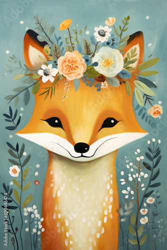 red fox in the forest with flowers