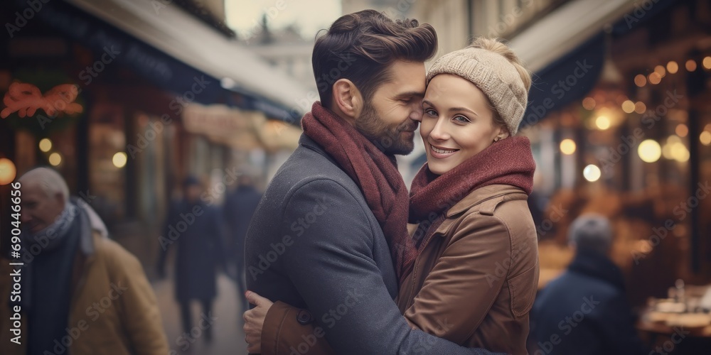 holiday couple embracing their relationship while standing on a busy shopping street, generative AI