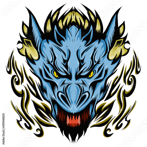 Fototapeta Naklejka Na Ścianę i Meble -  Tribal head dragon sticker illustration. Perfect for tattoos, stickers, hats, clothes, logos, icons