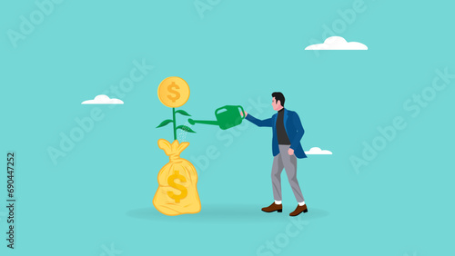 business grow illustration with concept a businessman watering a money plant, watering money tree, successful business project, business people planting money tree with gold coins