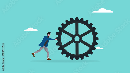 business leadership illustration with the concept of a businessman pushing the gears to develop business system, leader success business people skill development