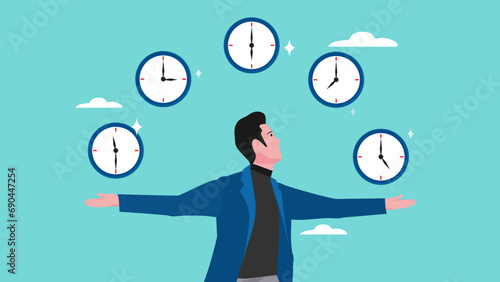 time management illustration with the concept of a businessman holding several watches at different times, time management techniques for better engagement, time management related to productivity