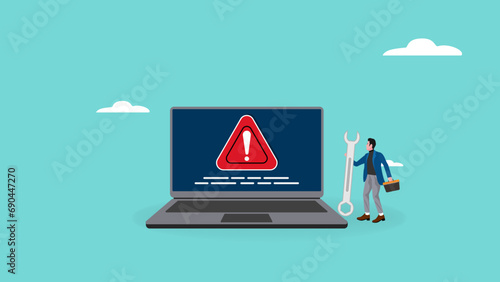 problem solving illustration with the concept of a businessman carrying a big key to fix problems with a laptop, technical support concept, IT expert, problem solving skill, solution concept