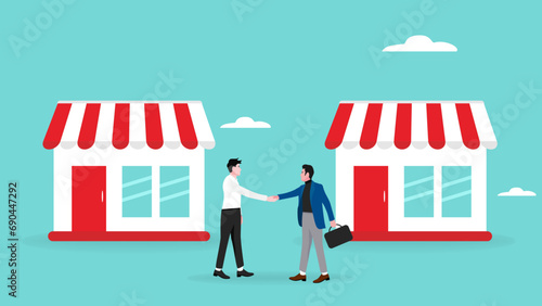 business to business illustration with the concept of two business people shaking hands to agreement, B2B marketing concept, business collaboration, distributor and seller concept