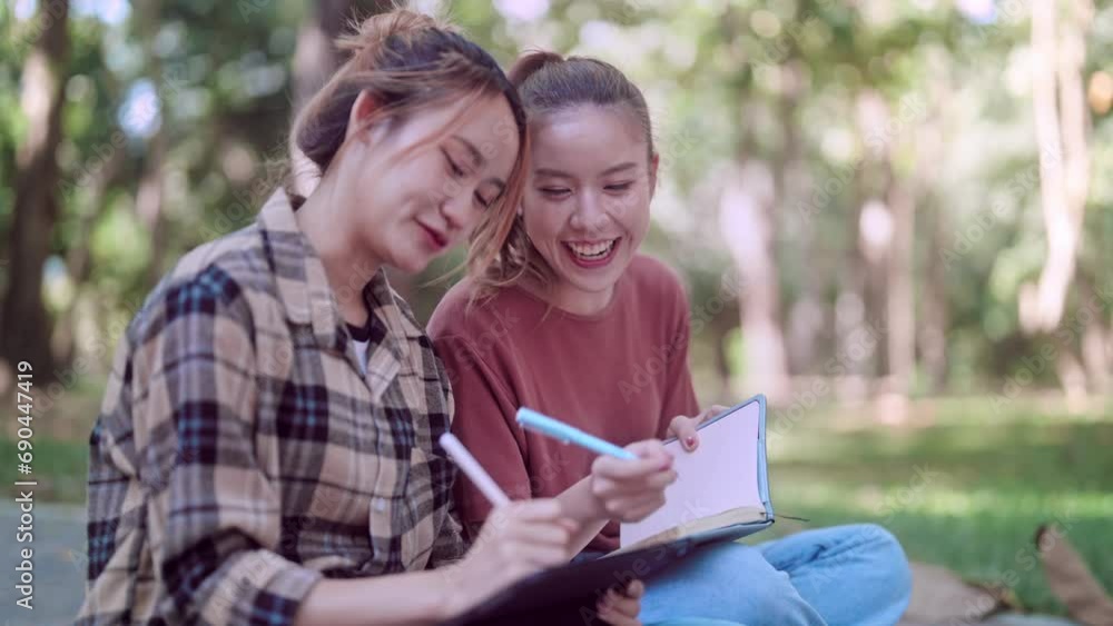 Asian female college student and her friend are studying and researching academic content using a tablet, jotting down notes in a notebook under the shade of trees in a garden. Asian female college student and her friend are studying and researching academic content using a tablet, jotting down notes in a notebook under the shade of trees in a garden.