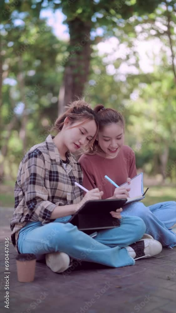 Asian female college student and her friend are studying and researching academic content using a tablet, jotting down notes in a notebook under the shade of trees in a garden. Asian female college student and her friend are studying and researching academic content using a tablet, jotting down notes in a notebook under the shade of trees in a garden.