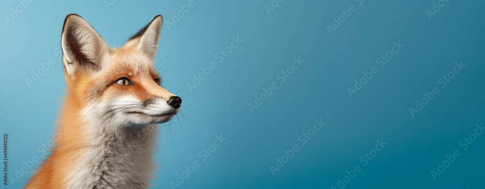Fototapeta premium red fox portrait on blue background. Space for text