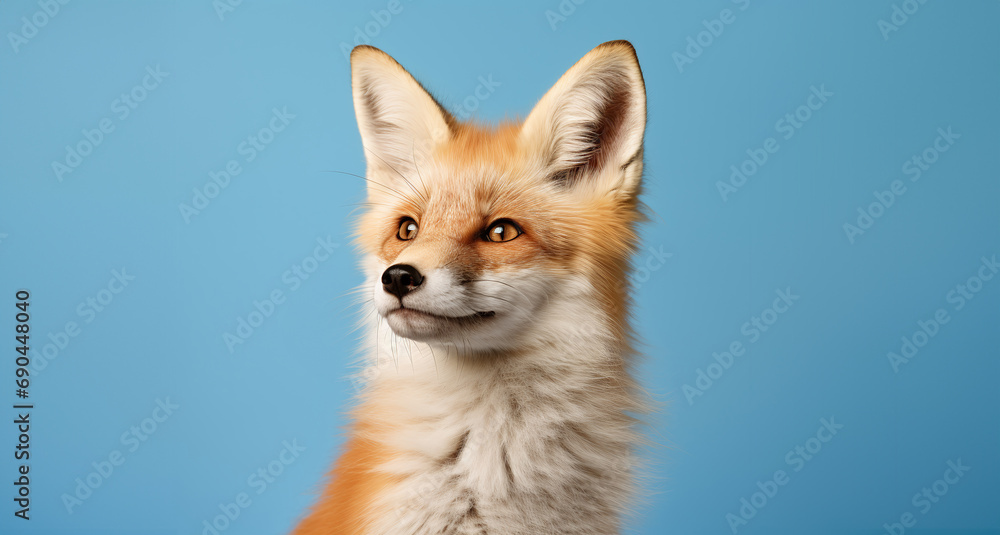 red fox portrait on blue background. Space for text
