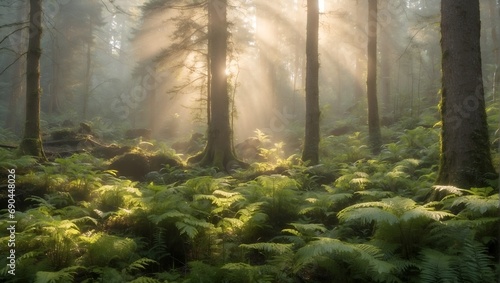 A misty forest dawn  with sunlight filtering through towering trees  casting an enchanting glow on dew-kissed ferns and moss-covered rocks.  