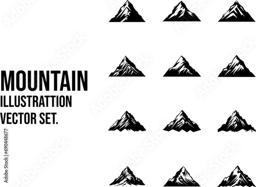 "Exquisite Set of 12 Mountain Pictograms, Each a Unique Vector Icon, Capturing the Majestic Essence of Mountains in Elegant, Artistic Detail."