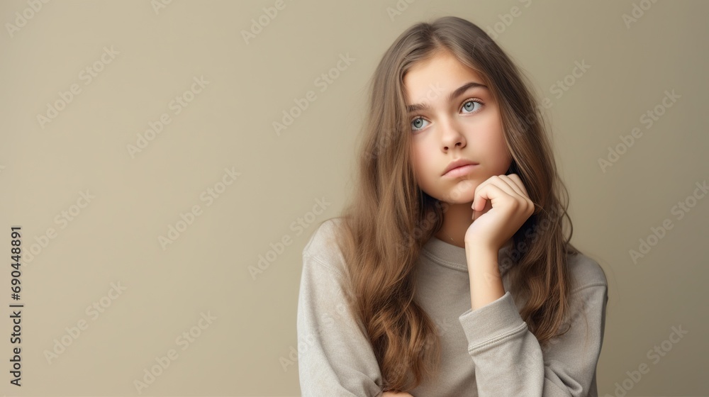 Portrait of an attractive young girl imaging something Portrait of an attractive young girl imaging something
