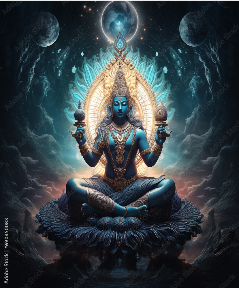 Fototapeta premium Vishnu and his avatars have inspired generations of artists and can be seen in the earliest art, architecture, and literature. In his primary form, Vishnu is recognizable in painting in blue color 